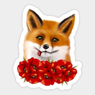 Cute face of a fox with red poppies. Sticker